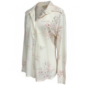Queen Casuals Ivory Pink Abstract Print 70s Dagger Collar Button-Up Blouse